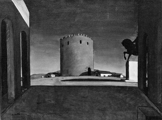 Giorgio de Chirico, Červená věž, 1913 pod reálnou oblohou a prohlašuje, že mu taková inscenace dává vždy pocit hlouposti a především falešnosti.