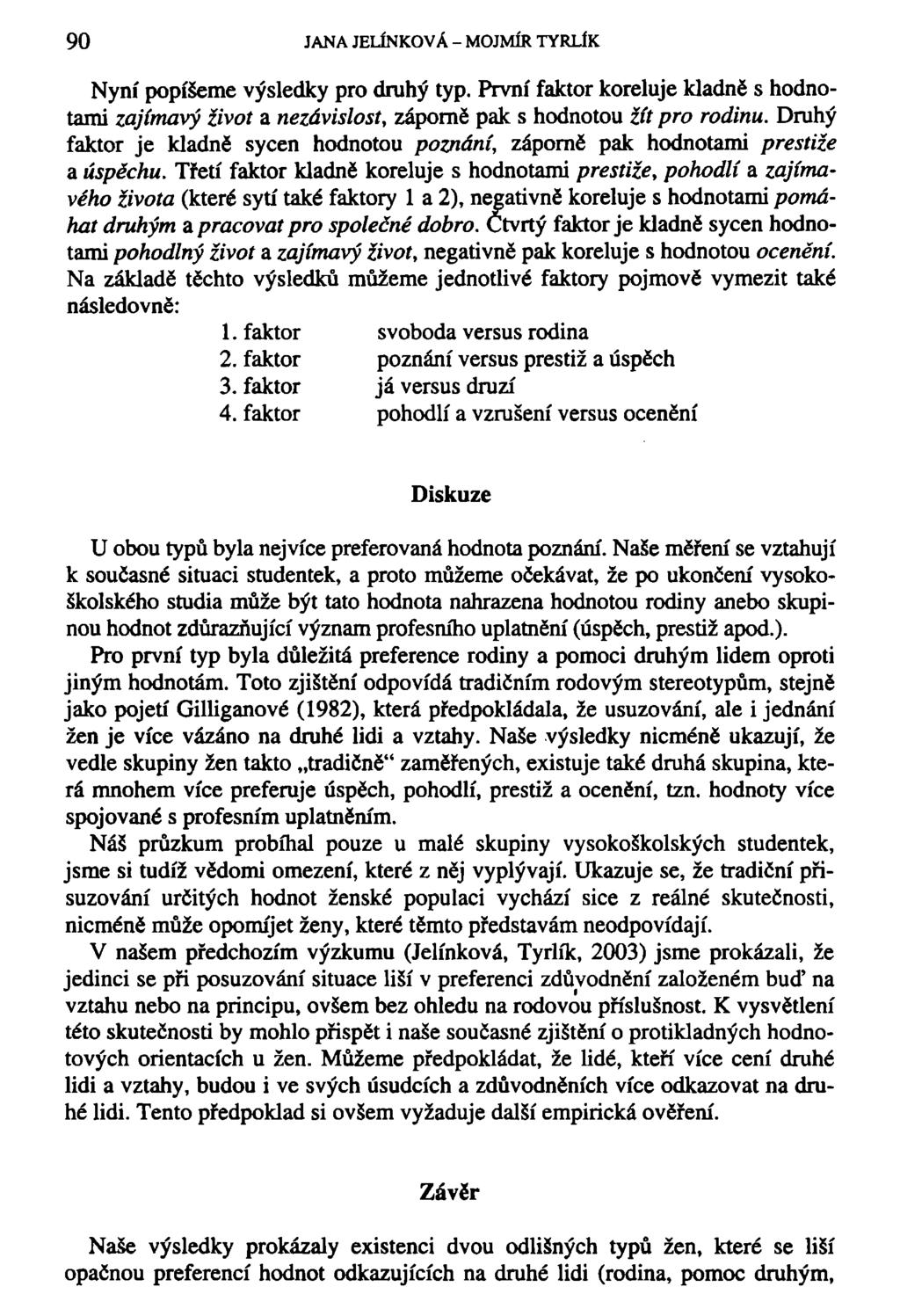 90 JANA JELÍNKOVÁ - MOJMÍR TYRLÍK Nyní popíšeme výsledky pro druhý typ. První faktor koreluje kladně s hodnotami zajímavý íivot a nezávislost, záporně pak s hodnotou žít pro rodinu.