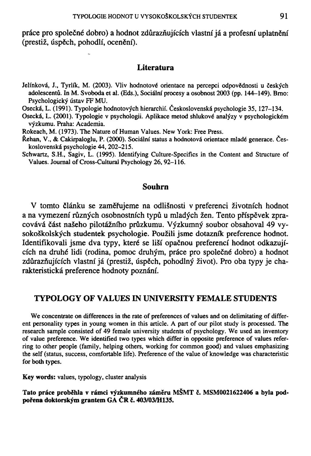 TYPOLOGIE HODNOT U VYSOKOŠKOLSKÝCH STUDENTEK 91 práce pro společné dobro) a hodnot zdůrazňujících vlastní já a profesní uplatnění (prestiž, úspěch, pohodlí, ocenění). Literatura Jelínková, J.