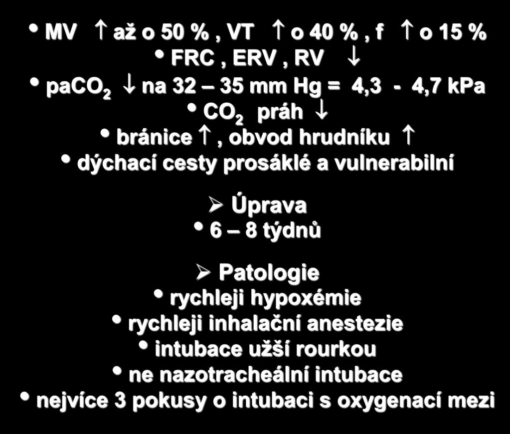 MV až o 50 %, VT o 40 %, f o 15 % FRC, ERV, RV paco 2 na 32 35 mm Hg = 4,3-4,7