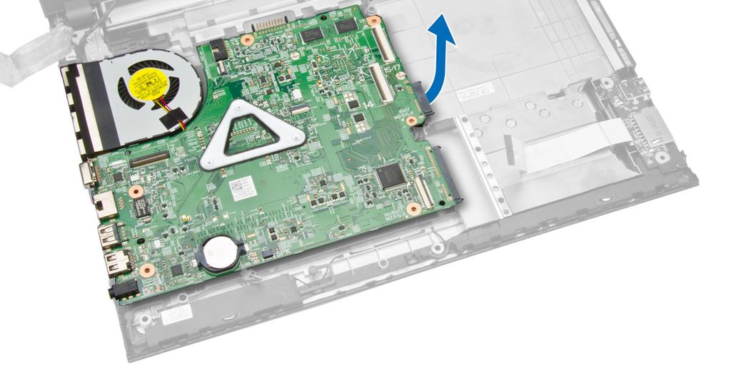 4. Perform the following steps as shown in the illustration a. Lift the locking tab [1]. b. Disconnect I/O cable [2]. c. Disconnect and lift the edp cable away from the system board [3,4]. d.