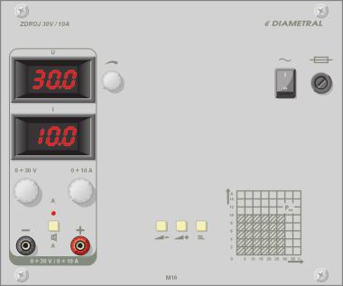 M6 - modul DC laboratorního reg. zdroje x 0 30 V / 0 A Modul VarioLab+ M6 je vybaven jedním zdrojem s plynulou regulací napìtí v rozsahu 0 30V s možností nastavení omezení proudu od 0. 0A.
