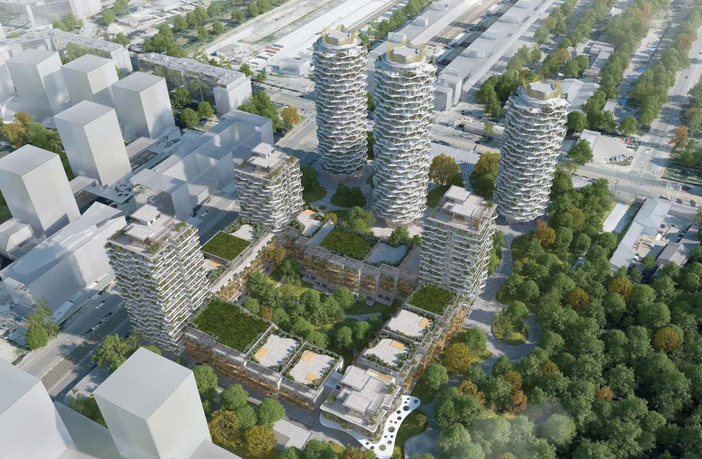 Vítězný návrh rozvlněných věží, městského bloku a veřejného prostoru od Evy Jiřičné Ve třech výškově gradujících rozvlněných věžích