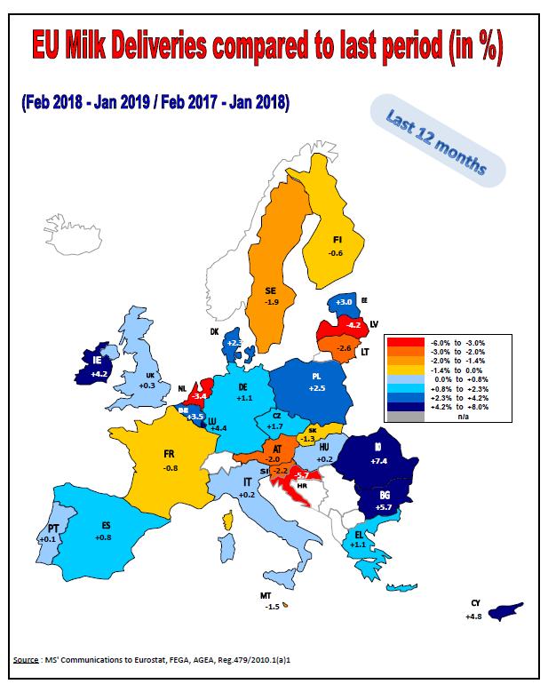 Dodávky mléka v EU (%) Srovnání únor - leden 2019/únor - leden 2018