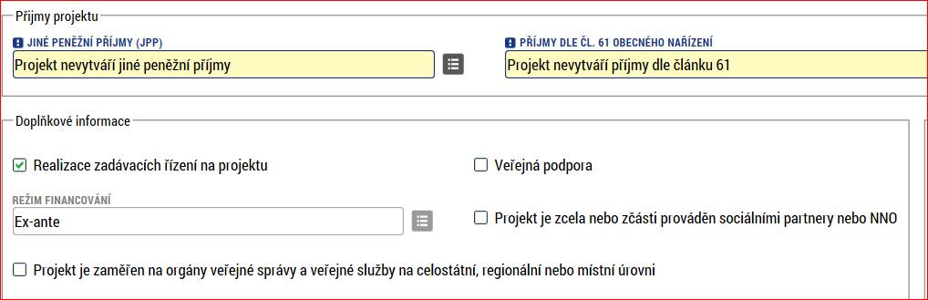 Snímek se zobrazením části záložky Projekt s vyznačením záznamu pro aktivaci záložek Veřejné zakázky Jakmile je změna uložena, jsou zpřístupněny datové oblasti