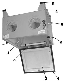 3. Přístroj Obr. 3 Obr. 2 Obr. 1 1. přípojka na12 V a spínač osvětlení 2. svítidlo 12 V 3. výměnná průhledná deska 4. průhledné víko 5. páka uzávěru 6. přípojka tlakového vzduchu 7.