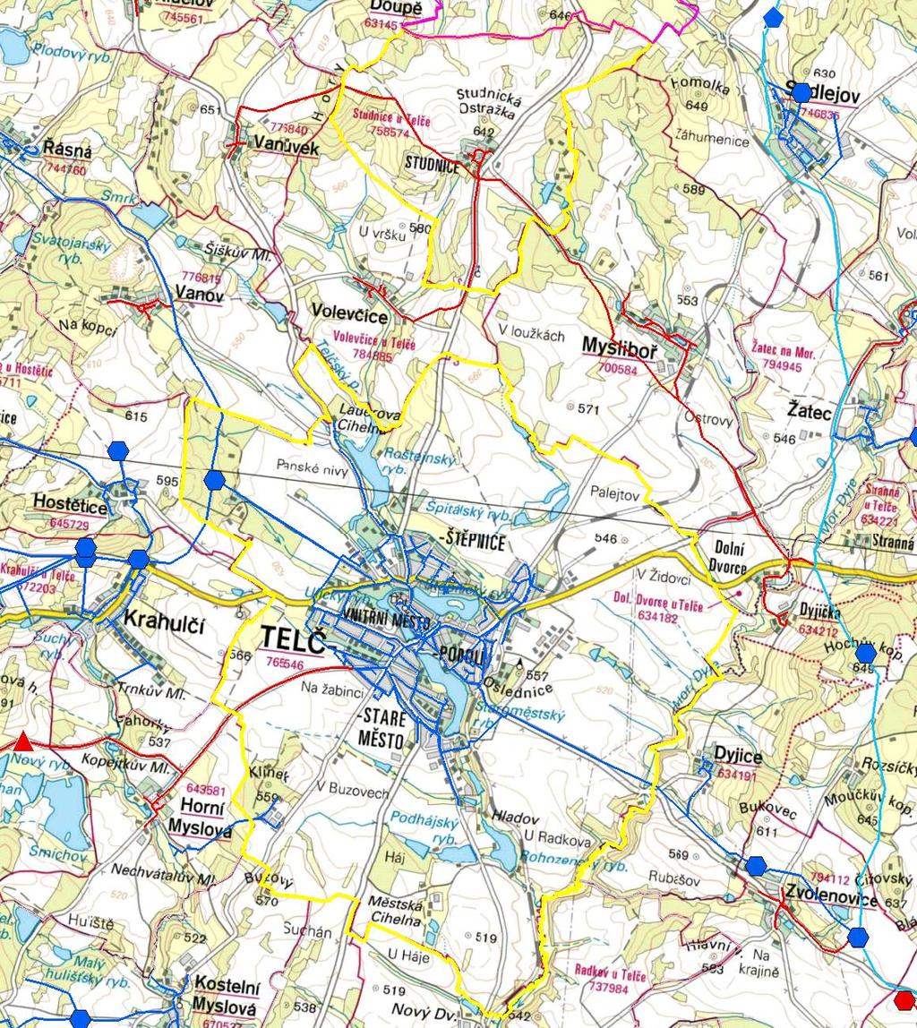 MAPA - VODOVODY Trasování sítí, lokalizace vodojemů, zdrojů, čerpacích stanic, ATS, ÚV Vodovodní řady Vodojem zemní Vodojem