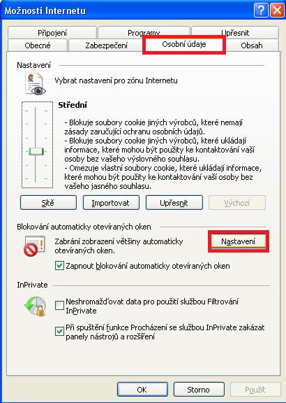 4.2.2 Úprava nastavení MS IE pro export V nastavení Internet Explorer povolte stránky OTE v Blokování automaticky otevíraných oken (Pop-up blocker setting).