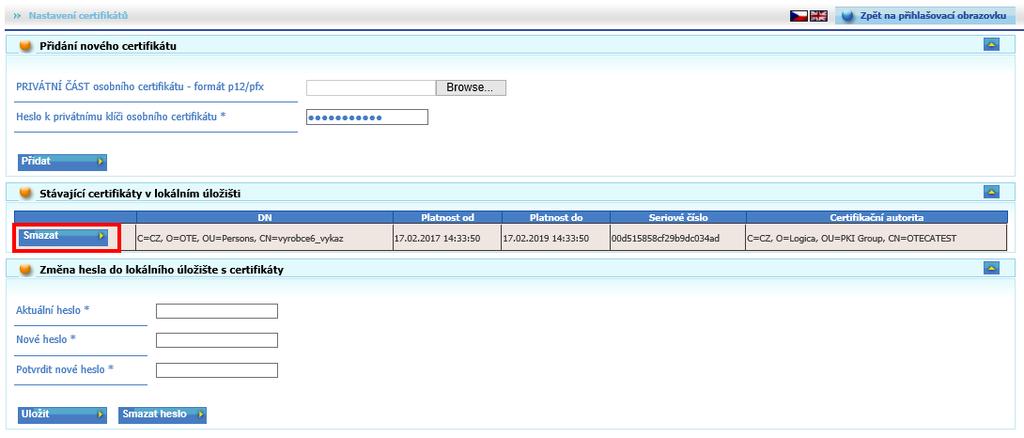 4.3.4 Smazání certifikátu z lokálního úložiště V záložce Stávající certifikáty v