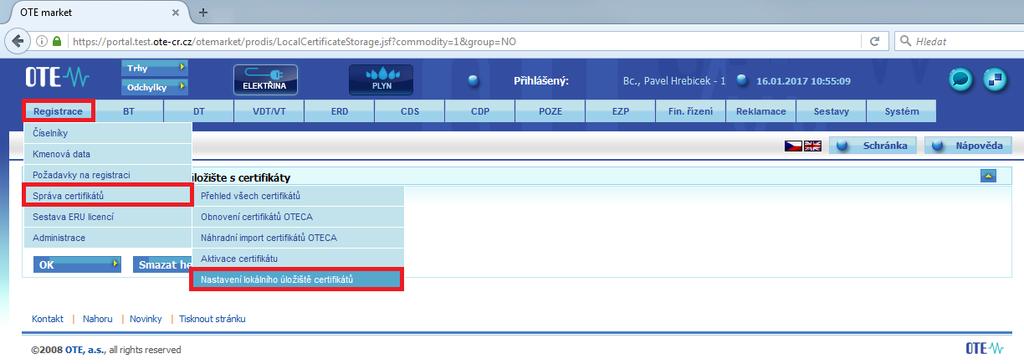 4.3.6 Zapomenuté heslo pro přístup do lokálního úložiště Klikněte na Registrace, v menu vyberte Správa certifikátů, v podmenu potom Nastavení lokálního úložiště