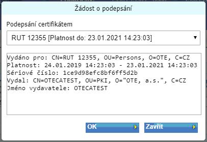 6. Po potvrzení tlačítkem OK se objeví okno pro výběr certifikátu. Zde vyberte stávající platný registrovaný certifikát, kterému se blíží expirace a potvrďte tlačítkem OK. 7.