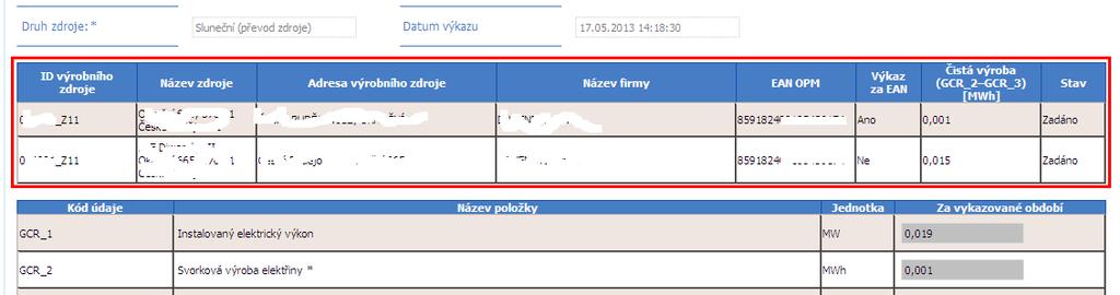 Položky ve formuláři měsíčního výkazu označené hvězdičkou jsou povinné, a tudíž je musí uživatel vyplnit. Šedé položky jsou needitovatelné a jsou automaticky načteny ze systému operátora trhu.