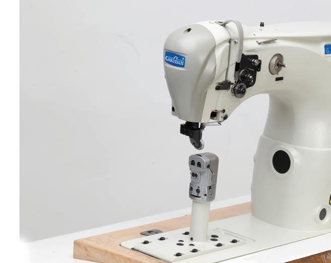 The machine design is characterized by high and extra slim post, which improves manipulation with the product and enables sewing small products or long shapes such as children shoes, thigh boots and
