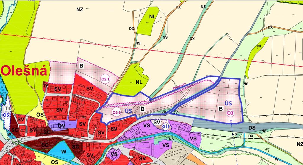 2, O3 VÝŘEZ ÚP OLEŠNÁ ŘEŠENÉ ÚZEMÍ ÚZEMNÍ STUDIÍ HLAVNÍ VÝKRES Území řešené ÚS Olešná