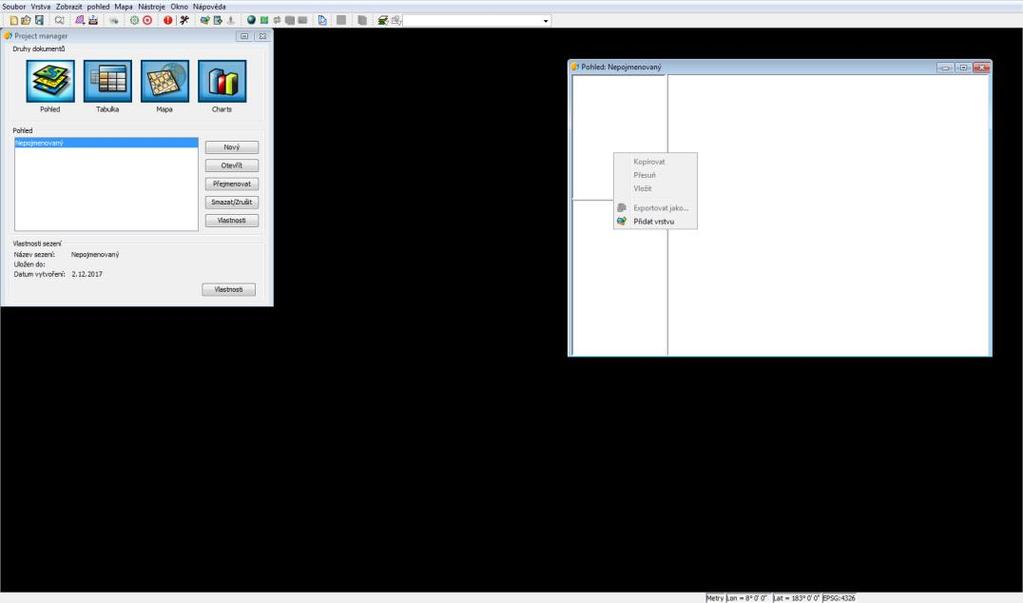 Krok 2: Project manager ukazuje možnosti, které můžete zapnout. Klikněte na Pohled a tlačítko Nový. V pravé části se zapne okno s vrstvami.