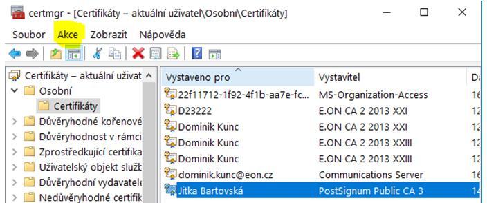 Po otevření okna Průvodce exportem certifikátu zvolte položku Další, čímž přejdete do další nabídky, kde