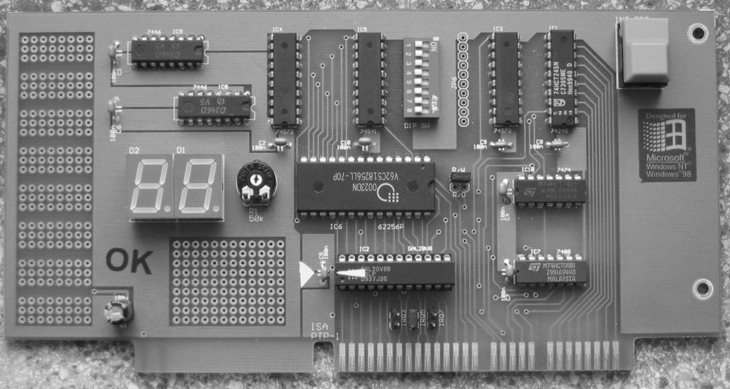 Adaptérová deska Adaptérová deska ISA1 obsahuje následující: programovatelný adresový dekodér (GAL20V82) paměť RAM (32KB, 32768 8b, IO 62256) vstupní port DIP spínačů výstupní port LED segmentového