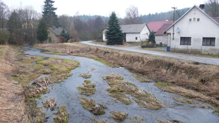 Intravilány: koryto napřímené a břehy částečně opevněné (s dlouhodobější