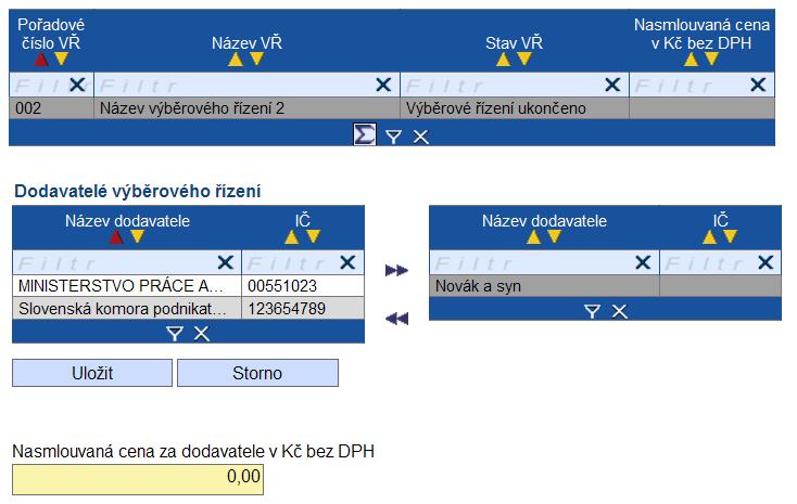 Nasmlouvaná cena za dodavatele v Kč bez DPH příjemce vyplní částku, kterou se na výběrovém řízení podílí dodavatel k