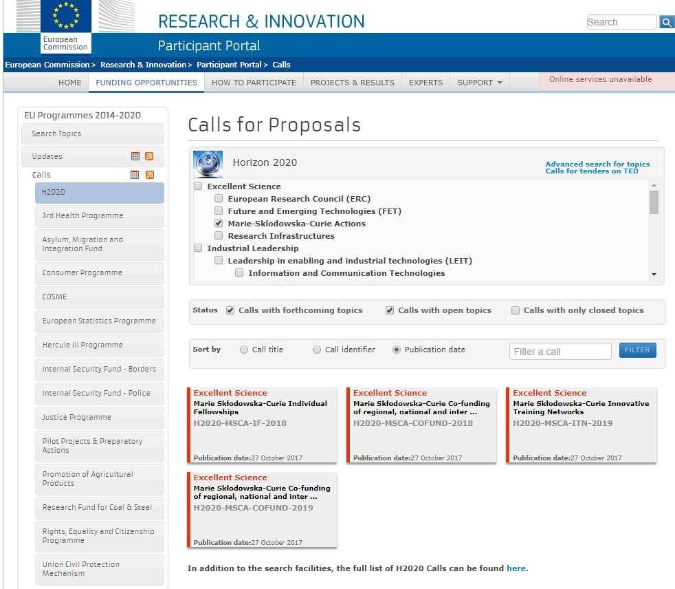 MSCA výzvy MSCA-IF-2018 https://ec.europa.eu/research/partici pants/portal/desktop/en/opportuniti es/h2020/topics/msca-if-2018.html Datum otevření výzvy: 12. dubna 2018 Předkládání žádostí do: 12.