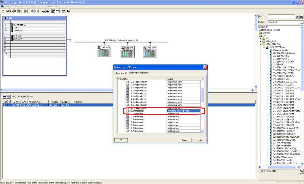 Modul 323-1BH70 DIO16 Alarm/ETS obsadí vstupní adresovou oblast CPU o velikosti 48 WORD a výstupní paměťovou oblast o velikosti 2 WORD.