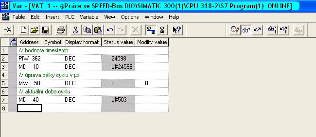 Program nahrajte do PLC a ve VAT tabulce můžete sledovat následující hodnoty: PIW 362 aktuální hodnota timestamp MD 10 předchozí hodnota timestamp MD 40 aktuální doba cyklu MW 50 tato proměnná je