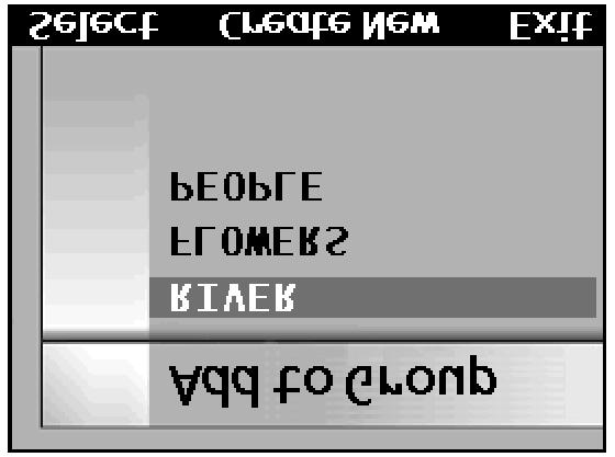 U vybrané skupiny se zobrazí symbol a v elektronickém hledáčku se zobrazí nabídka Edit (Úpravy). Odstranění skupiny Snímky lze ze skupiny vyřadit a prázdnou skupinu vymazat ze seznamu skupin.