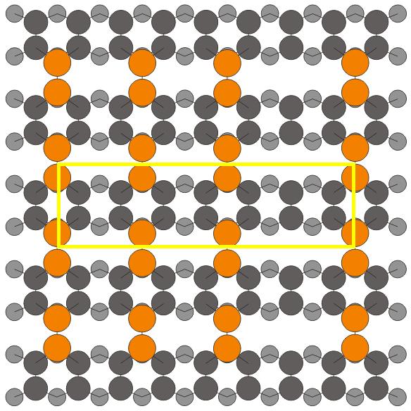 24 KAPITOLA 4. CHOVÁNÍ A OXIDACE GALLIA NA SI(100) 0,43 ML Ga: Dalším zvýšením pokrytí na 0,43 ML vznikne struktura (2 7). Ta je na obrázku 4.4. Elementární buňka této struktury je znázorněna žlutě.