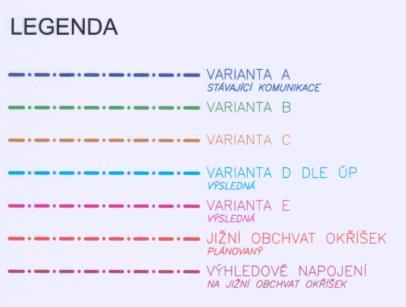 Varianta E se odklání ze silnice II/405 z okružní křižovatky a pokračuje volným terénem pravosměrným obloukem, který se po dlouhé mezipřímé stáčí do údolí bezejmenného přítoku řeky Jihlavy