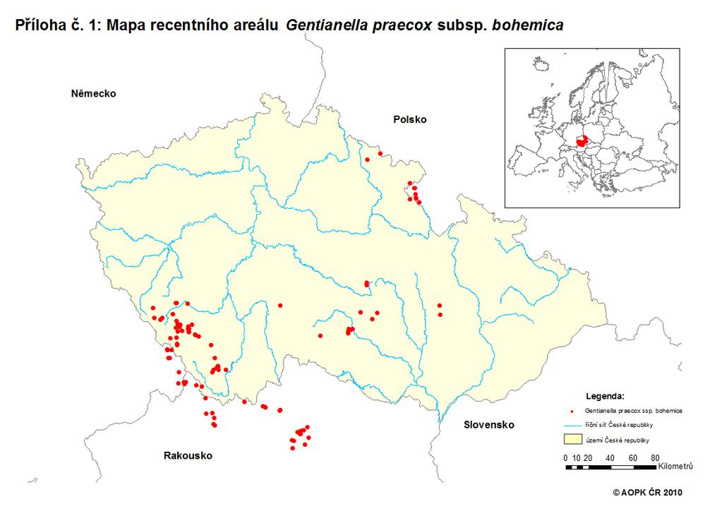 počty doložených lokalit Hořeček mnohotvarý český (Gentianella praecox subsp.