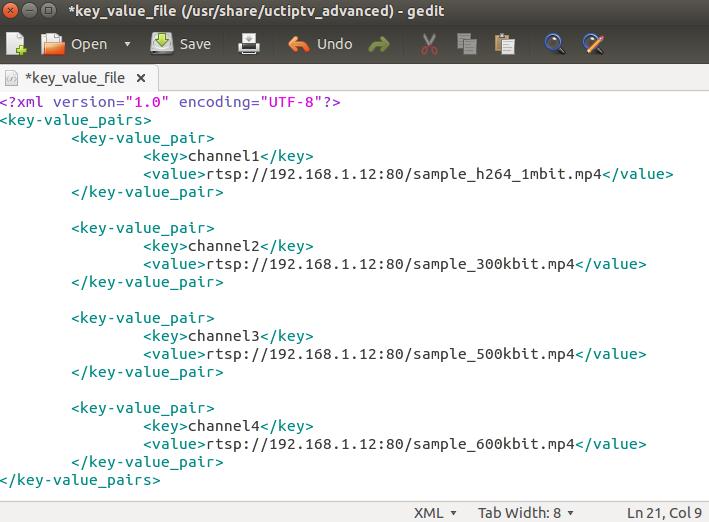 Obr. 7.3: Struktura XML soubor s identifikátory kanálu a přiřazenými URL adresami na mediální server.
