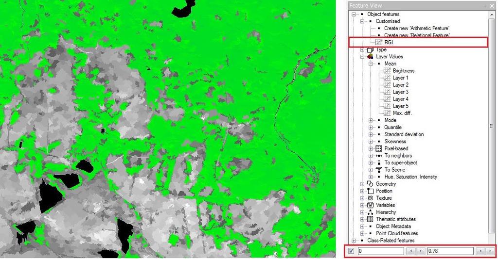 Obr. 17: Ukázka nastavení prahové hodnoty indexu RGI v panelu Feature View V prvním kroku klasifikace snímku SPOT byly klasifikovány zdravé lesy (třída 4).