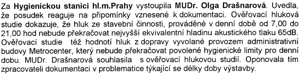 Za Hygienickou stanici hl.m.prahy vystoupila MUDr. Olga Drašnarová. Uvedla, že posudek reaguje na pøipomínky vznesené k dokumentaci.