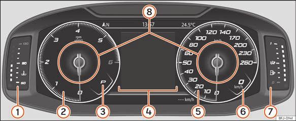 Ovládání Volně konfigurovatelný panel přístrojů (SEAT Digital Cockpit) Vysvětlení k přístrojům: 1 2 3 4 5 6 7 8 Ukazatel teploty chladicí kapaliny motoru strana 118 Otáčkoměr.