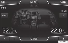 Vyvolání menu Klimatizace Stiskněte tlačítko na ovládacích prvcích Climatronic. NEBO: Stiskněte tlačítko v systému Easy Connect. Zvolte otočným spínačem menuklimatizace a otevřete ji.