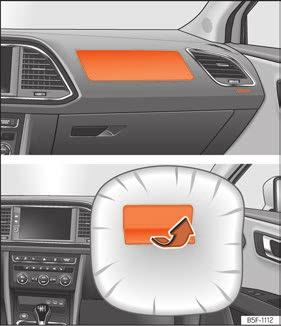 Základní informace Obr. 27 Airbag spolujezdce v panelu přístrojů Čelní airbag řidiče je umístěn ve volantu obr. 26 a čelní airbag spolujezdce je umístěn v přístrojové desce obr. 27. Montážní poloha je označena nápisem AIRBAG.