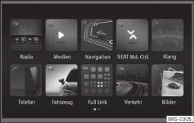 Základní informace Easy Connect Nastavení v menu Vozidlo Obr. 50 Easy Connect: hlavní menu. Počet skutečně dostupných menu a označení různých voleb závisí na elektronice a vybavení vozidla.