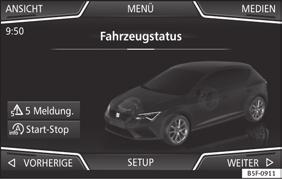51 Easy Connect: menu CAR NEBO: Stiskněte tlačítko infotainmentu, abyste se dostali k menu Vozidlo obr. 51. Stiskněte funkční tlačítko SETUP pro otevření menu Nastavení vozidla.