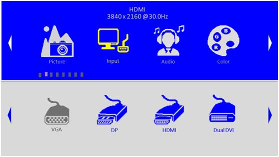 Pokud je nastaven 1P v režimu zobrazení: Input Vstupu Přímo Úprava položek Problém / Možnost Tlačítko ke stisknutí Input Vstupu VGA DP HDMI Dual DVI Auto U tohoto modelu není dostupné.