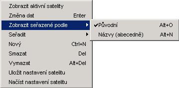 5.d Funkce satelitu Kliknete-li na satelit, budou zobrazeny pouze kanály a transpondéry tohoto satelitu. Kliknete-li pravým tlačítkem myši do okna satelitu, získáte následující místní nabídku.