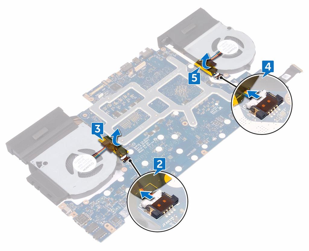 3 Odlepte pásku, kterou je kabel ventilátoru připevněn k základní desce. 4 Odpojte kabel ventilátoru od základní desky. 5 Odlepte pásku, kterou je kabel ventilátoru připevněn k základní desce.