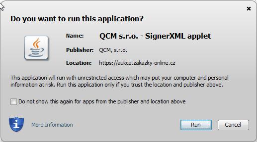Obrázek 7: Dialog pro povolení spuštění nástroje (appletu) elektronického podpisu Podepisování bez java appletu Alternativou k podepisovani pomoci java appletu Signer je v E-ZAKu podepisovani bez