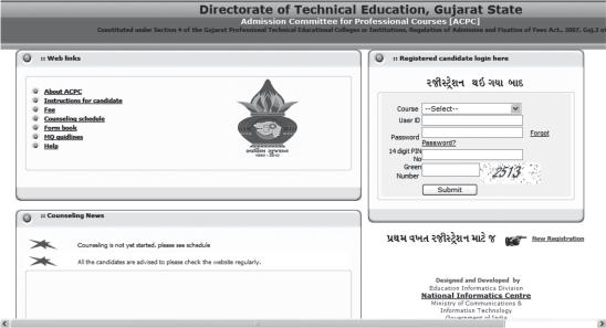 GUIDELINES FOR ONLINE ADMISSION 2010 11 3.1 PROCEDURE FOR ONLINE REGISTRATION: (ykulk kelk hrsmxùuþlklke «r Þk) 1. For online registration a candidate has to log on to the website www.gujacpc.nic.