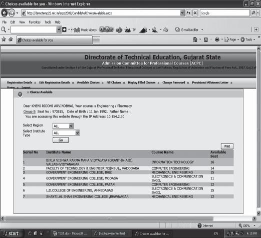 Fig. 3.6 Screen of Available Choices 2. For filling up of the choices of branches and colleges the candidate has to login to the website www.gujacpc.nic.in by using login ID and password.