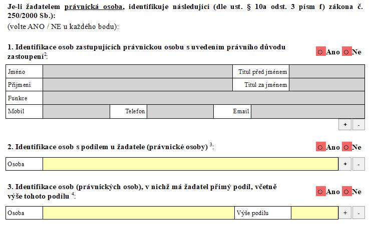 STRANA 5 FORMULÁŘE Informace k vyplnění údajů Na straně 5 žadatel, který je právnickou osobou identifikuje údaje, týkající se osob,