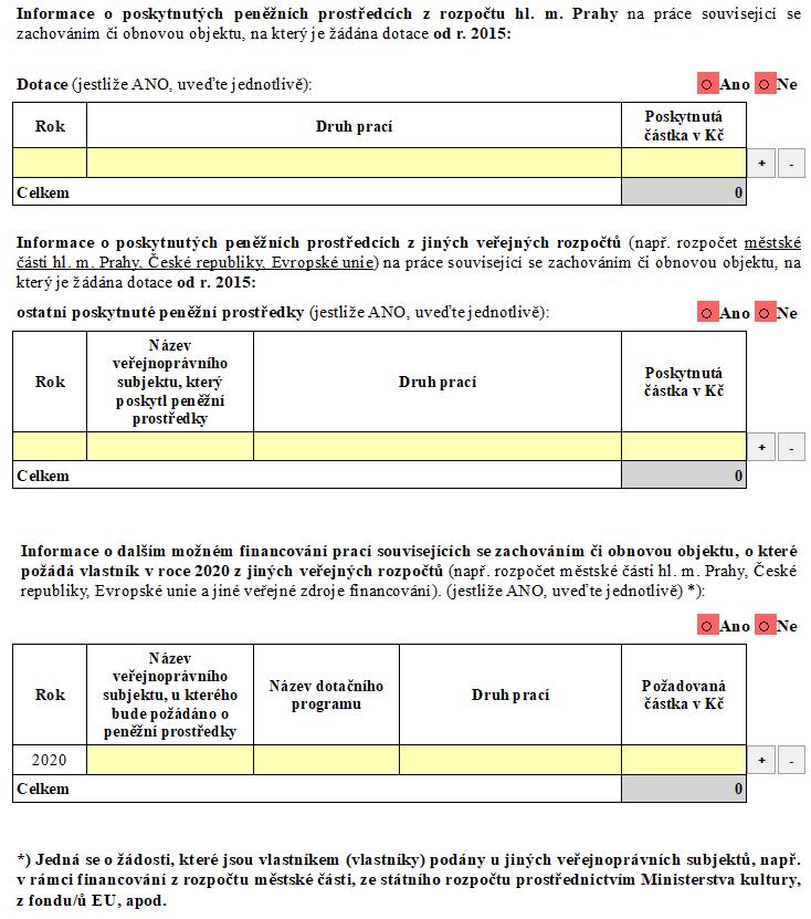 STRANA 3 FORMULÁŘE Informace k vyplnění údajů Vyplníte údaje o poskytnutých finančních prostředcích v předchozích období a z jakých zdrojů Vyplňte předmět a výši grantu hl. m.