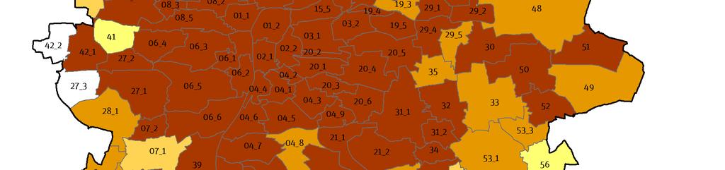 MAPA / 04 P ODÍL OBYVATEL B Y D L ÍCÍCH V D OC HÁ Z K OVÉM P Á S MU D O 900 METRŮ OD P A R K Ů, L E SŮ A L ES OPARKŮ (2018) Zdroj: IPR Praha Dále byl vypočítán procentní podíl obyvatel jednotlivých