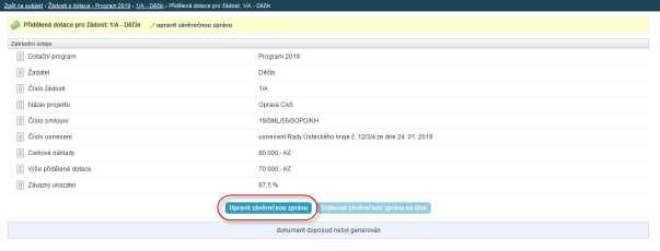 Na následujícím rozcestníku naleznete dlaždici vyúčtování dotace ve stávajícím dotačním programu, s jednoznačným evidenčním číslem žádosti o dotaci: Po kliknutí na dlaždici se přesunete na rozcestník