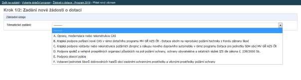 2 Vyplnění žádosti o dotaci Po výběru dotačního programu se Vám zobrazí formulář pro vyplnění žádosti.