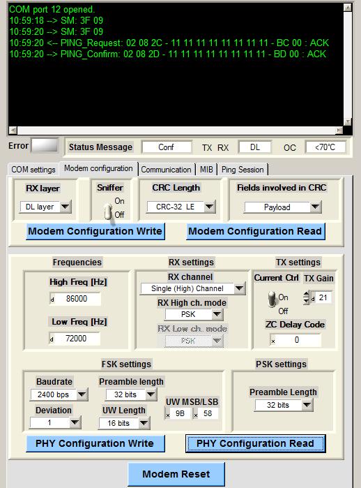 4.2.3 Základní nastavení K modemům je dodávána aplikace pro Windows, která slouží k demonstrování funkcí modemů. Uživatelské prostředí je rozděleno do pěti záložek.